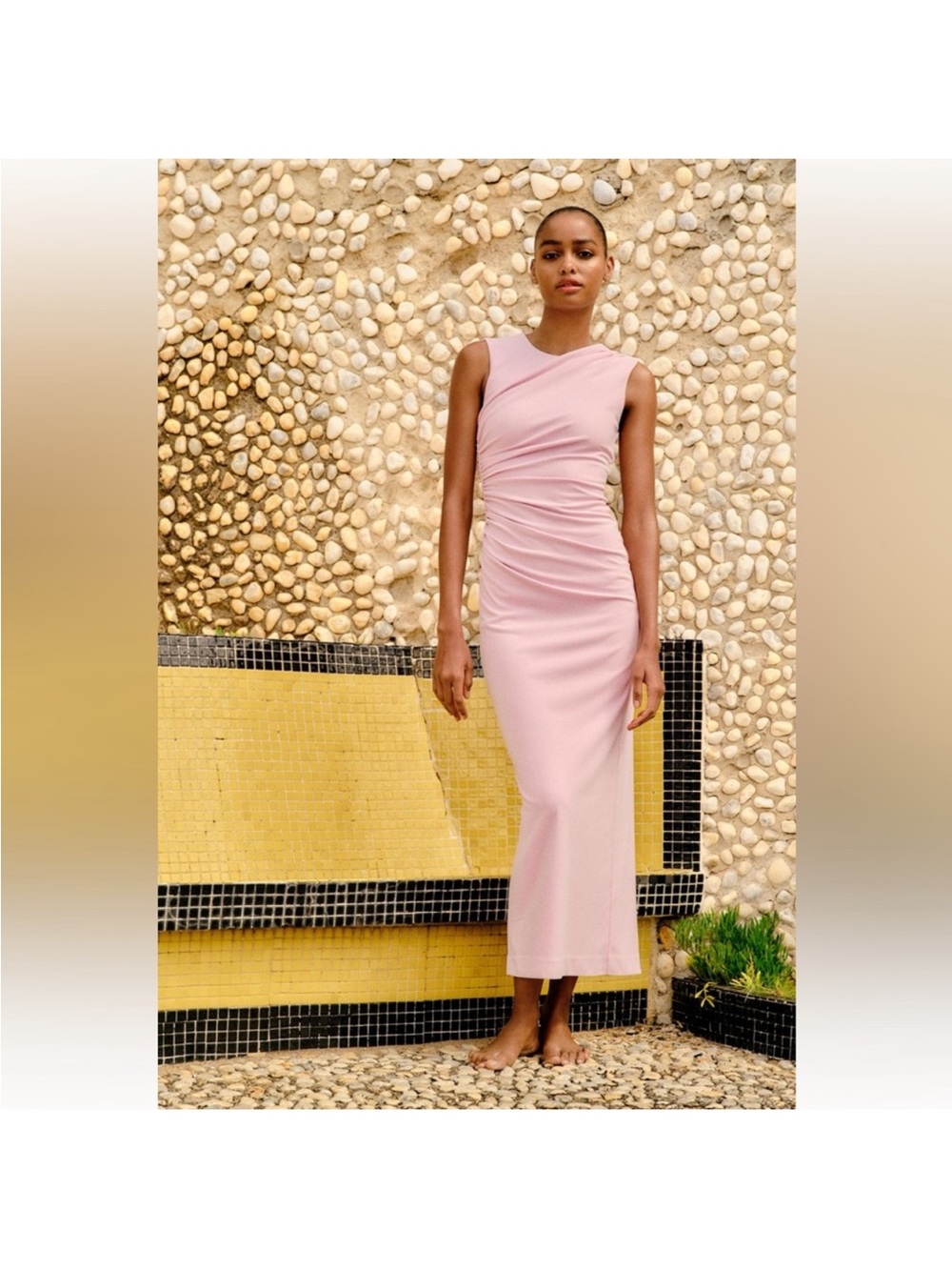 Zara Sleeveless Pink Ruched Midi Dress